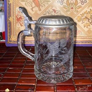 ALWE Crystal Beer Stein/Tankard, Pewter Lid and Etched Ducks